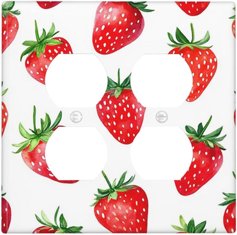 Moslion Red Strawberry 2-Gang Duplex Outlet Covers Fruit Berry Green Leaves Watercolor Light Switch Wall Plate Device Receptacle Bathroom Kitchen - Image 1
